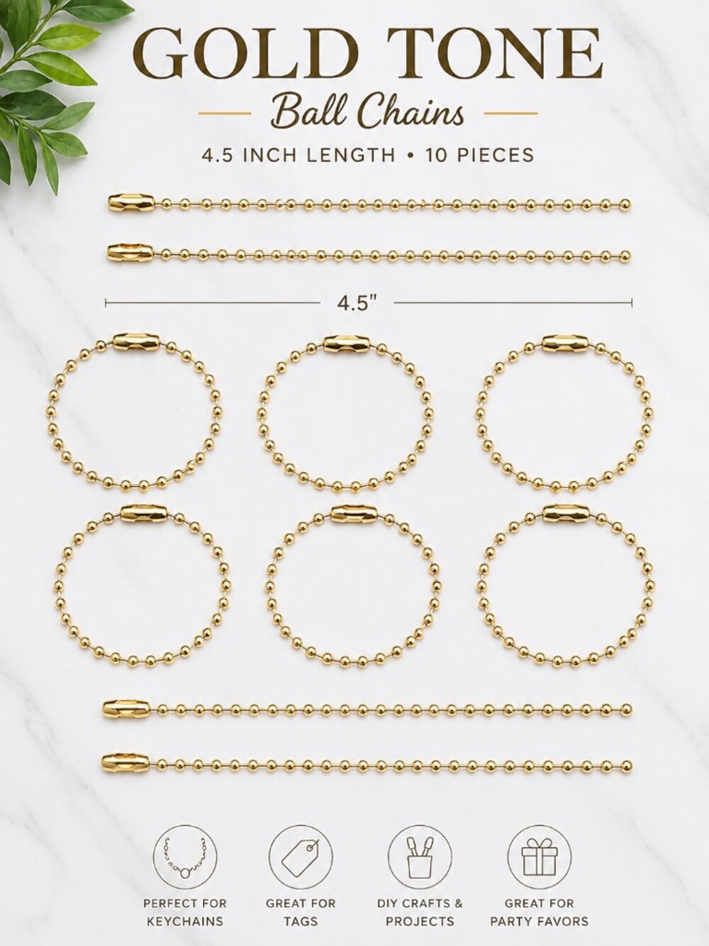 Lot of 10 4.5-inch Gold Tone Metal Ball Bead Chains with Connectors